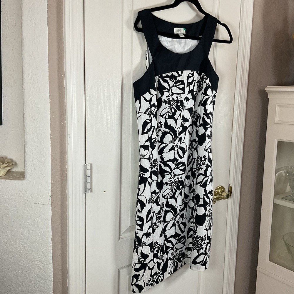 Ann Taylor LOFT Women's Medium Dress White Black Floral 100% Cotton Short Sleeve